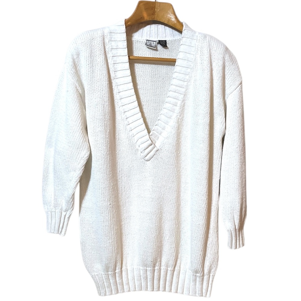 Vintage V Neck Paul Et Duffier White Cotton Ramie Deep V-Neck Knit Sweater Sz L - Picture 7 of 12